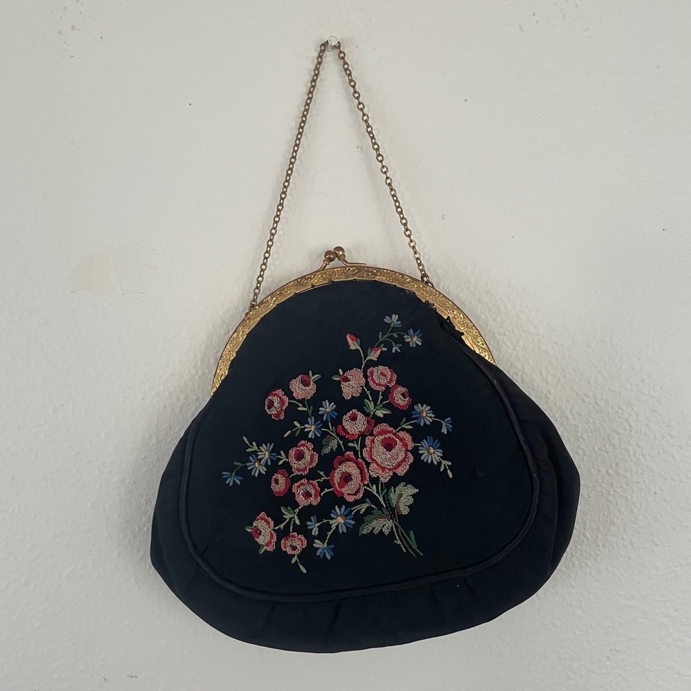 Vintage 1930s Gorwood Embroidered in Switzerland Purse Handbag Black Floral Gold